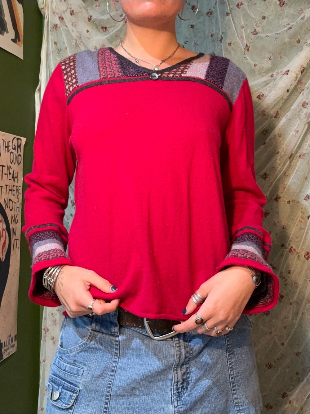 J. Jill Fuchsia Long-Sleeve Knit Top with Patterned Yoke and Cuffs